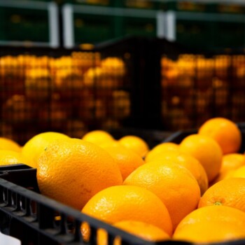 Cajas de naranja de zumo apiladas y listas para cargar