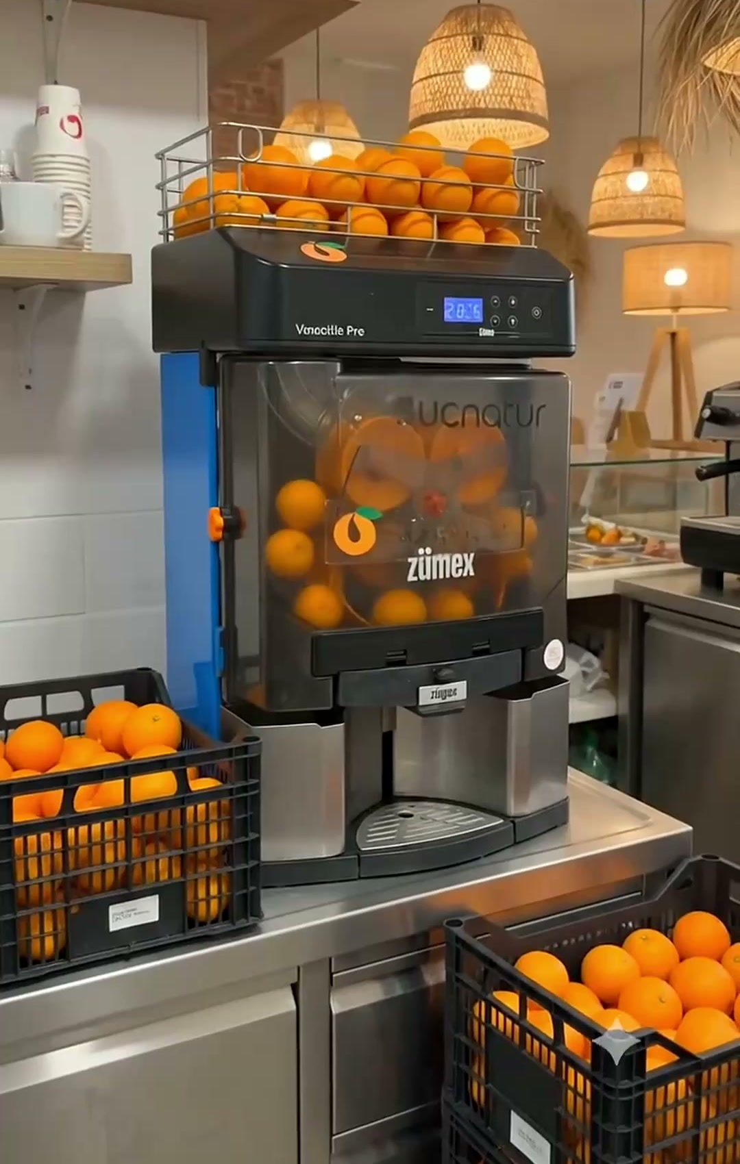 Exprimidora Zumex con el vinilo de Sucnatur y cajas de naranja de zumo en la barra de una cafetería cliente